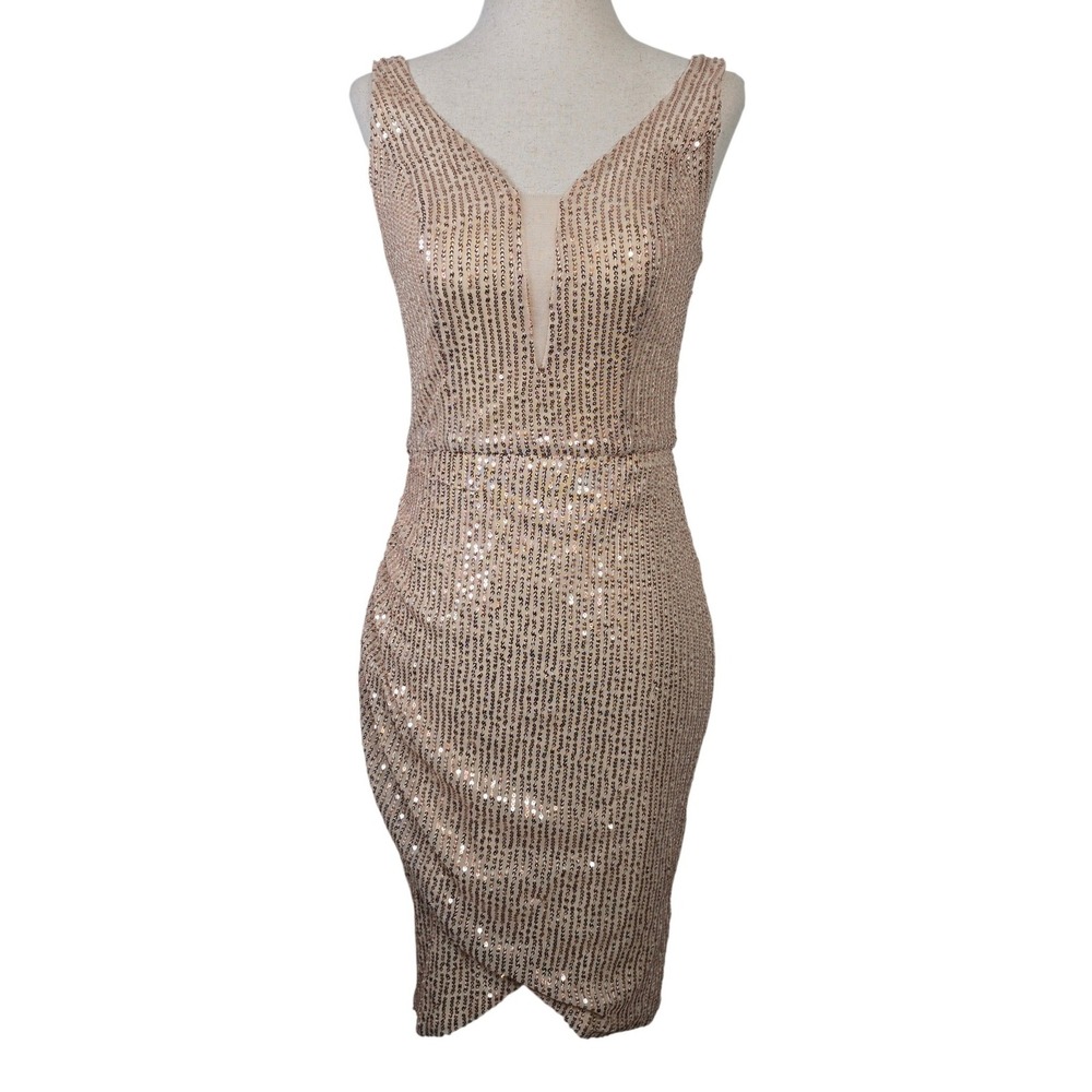 Grace Karin Rose Gold Sequin Bodycon Dress V-Neck Tulip Hem Small Sleeveless